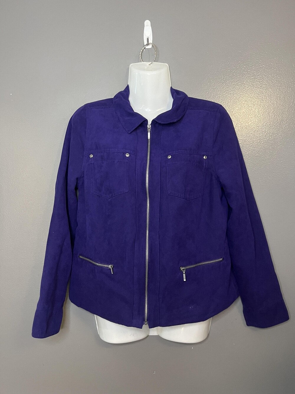 Studio Works Jacket Womens 4P Purple Faux Suede Zip Front Lined Pockets Petite